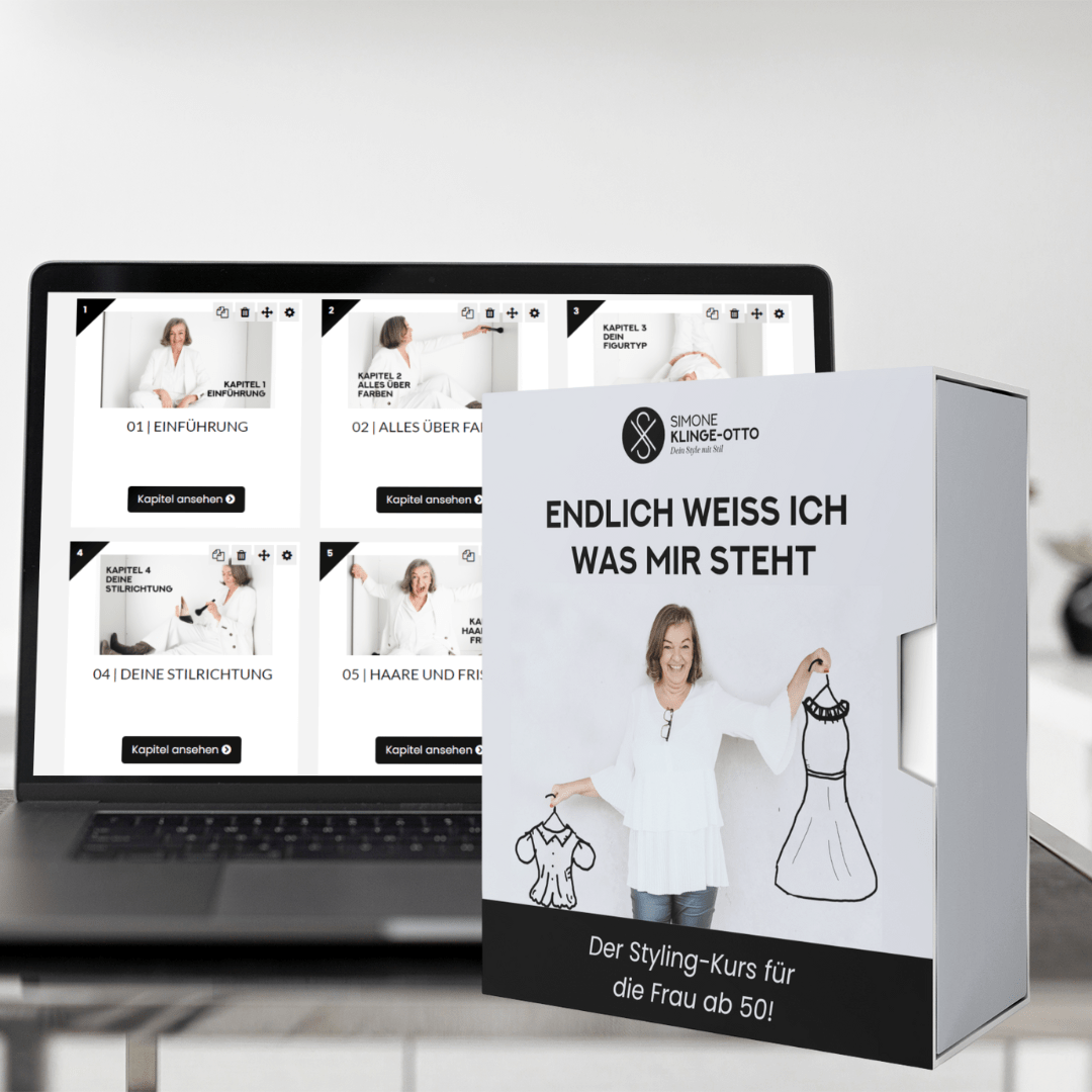 Online-Kurs "Endlich weiß ich was mir steht". Das Bild zeigt eine Box vor einem Laptop und demonstriert den Inhalt des Online Kurses "Styling Kurs für die Frau ab 50"